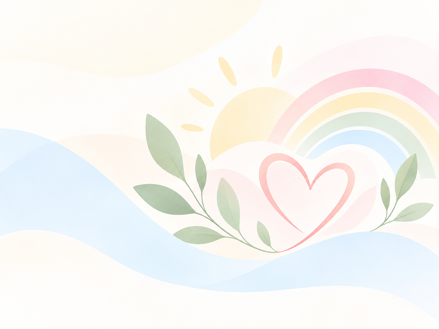 Illustration mit Regenbogen, Herz und Blättern für das Team des Kindervitalzentrums Wien