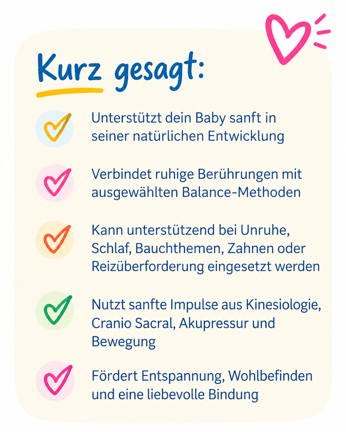 Sanfte Babybegleitung auf einen Blick Übersicht zu Baby Balancing mit sanfter Unterstützung bei Schlaf, Bauch, Zahnen, Entwicklung und Reizüberforderung.