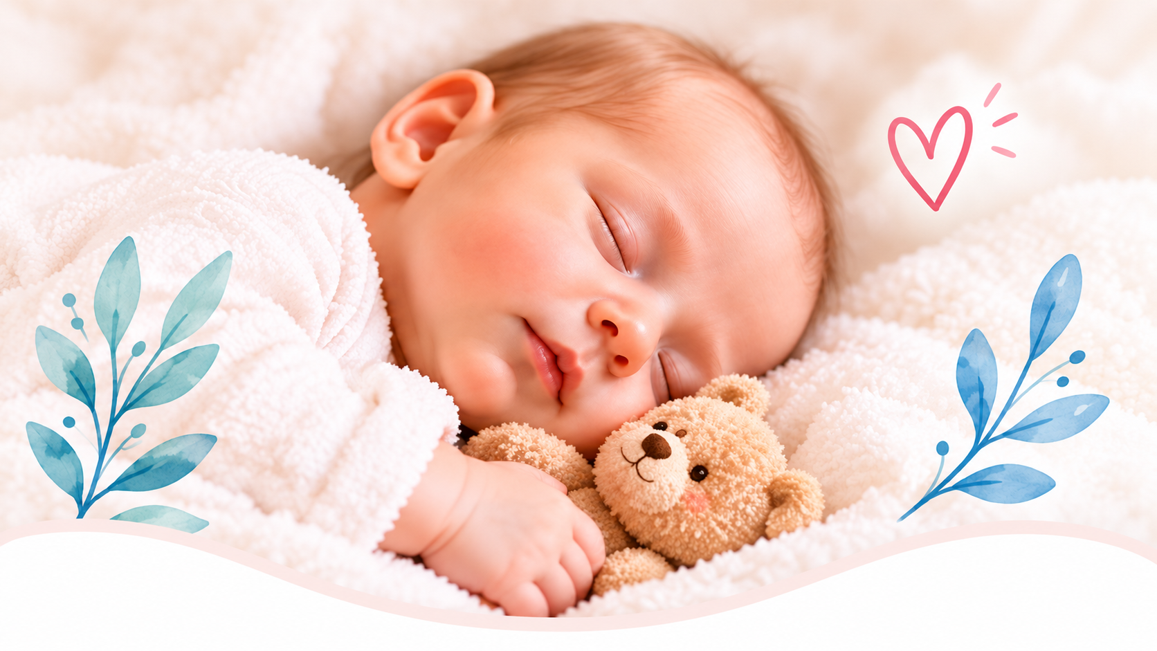 Schlafendes Baby mit Teddybär und Aquarellblättern Schlafendes Baby als Motiv für Baby Balancing im Kindervitalzentrum Wien